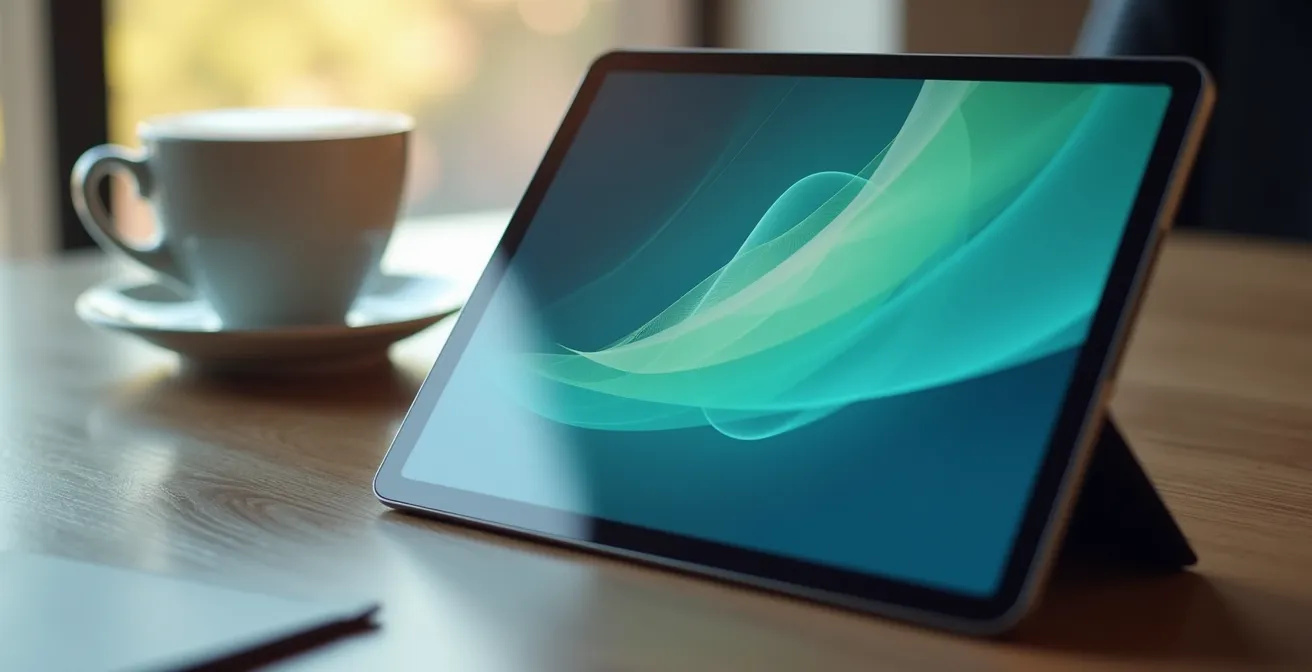 Bureau professionnel avec documents analytiques et graphiques sur tablette numérique, ambiance stratégique