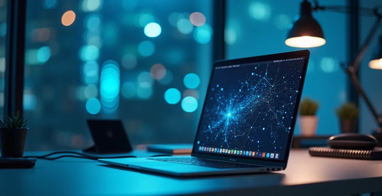 Espace de travail moderne avec MacBook connecté à infrastructure réseau d'entreprise, ambiance technologique