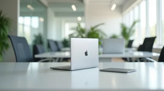 Environnement professionnel moderne avec plusieurs MacBook sur bureaux épurés, ambiance technologique d'entreprise