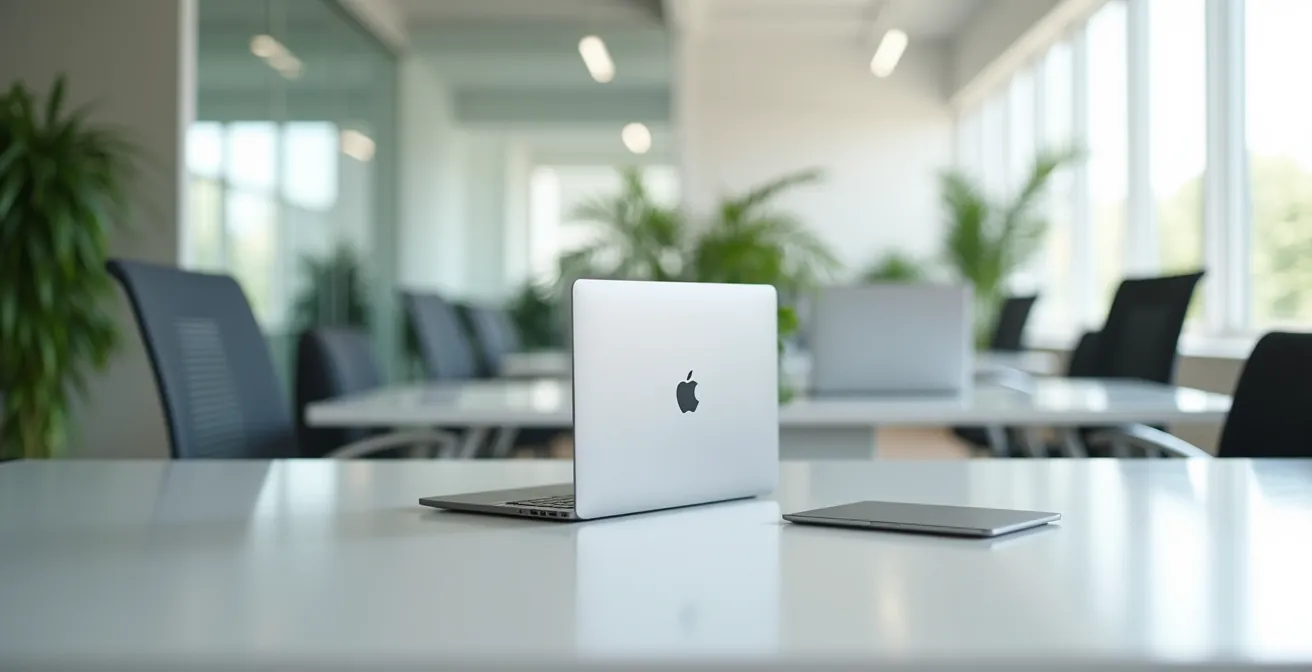 Environnement professionnel moderne avec plusieurs MacBook sur bureaux épurés, ambiance technologique d'entreprise